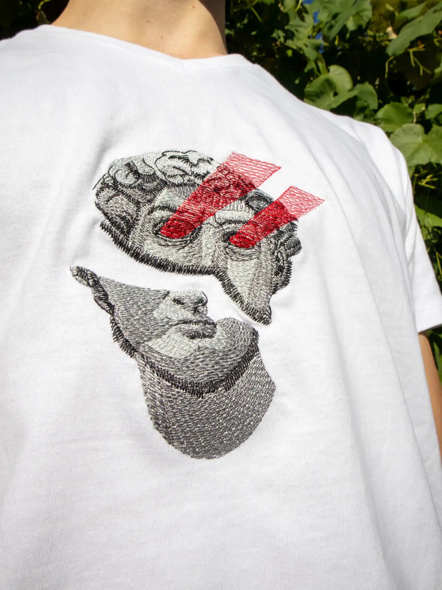 Haft głowy Davida z czerwonymi laserowymi oczami - Michał Anioł